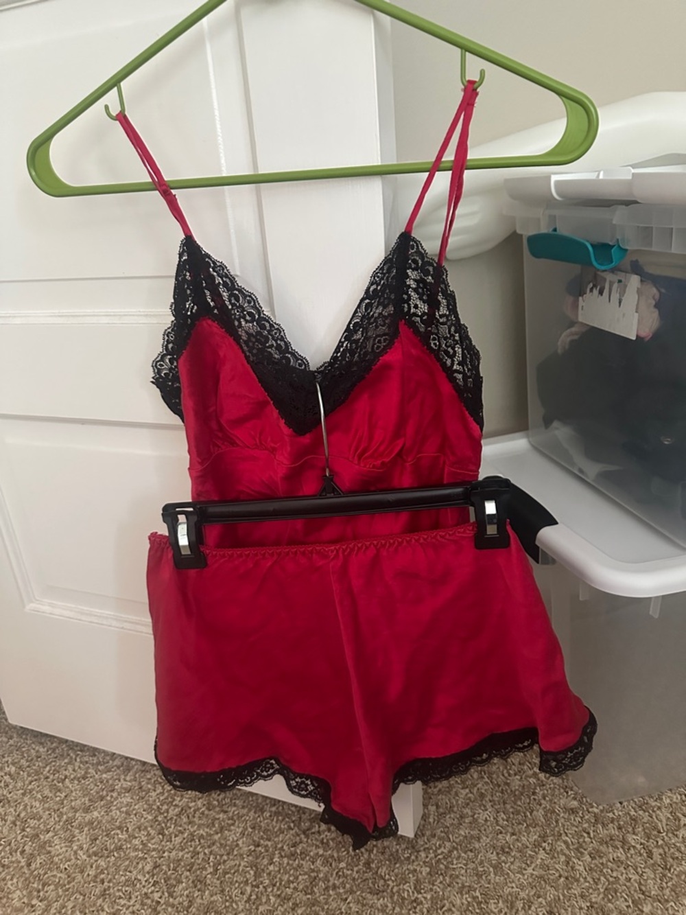 Victoria's Secret Red Satin Cami & Short Set with Black Lace